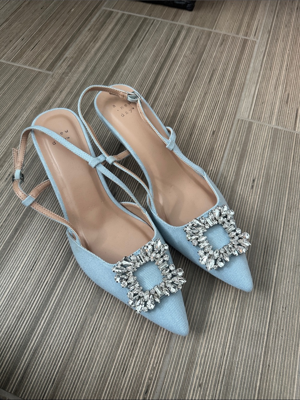 a new day Pale Blue Pointed Slingback Heels with Crystal Buckle